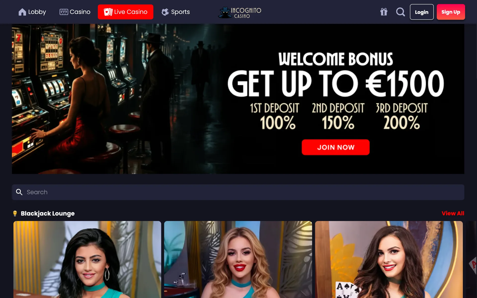 Incognito Casino live lobby with the Blackjack Lounge row of live dealer tables